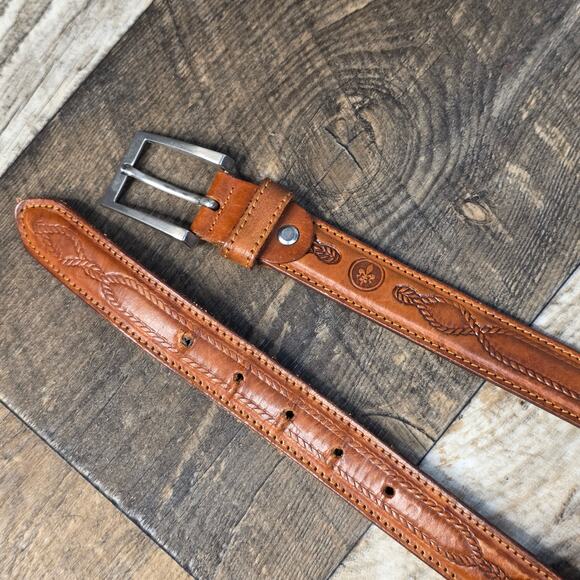 Vintage Italian Leather Belt Brown Tooled Western Boho Fleur De Lis main image 7